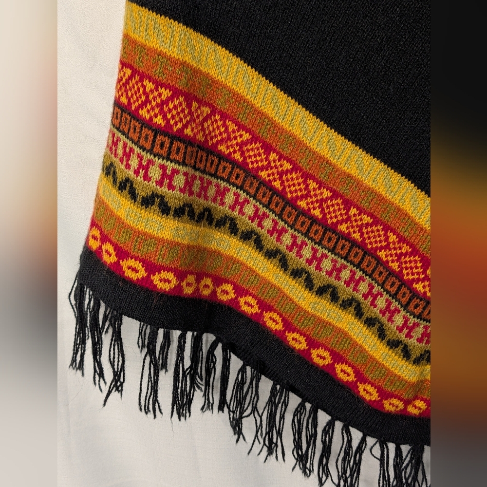 Peruvian Alpaca Black Fringe Poncho Sweater And Matching Maxi Skirt - Picture 5 of 16